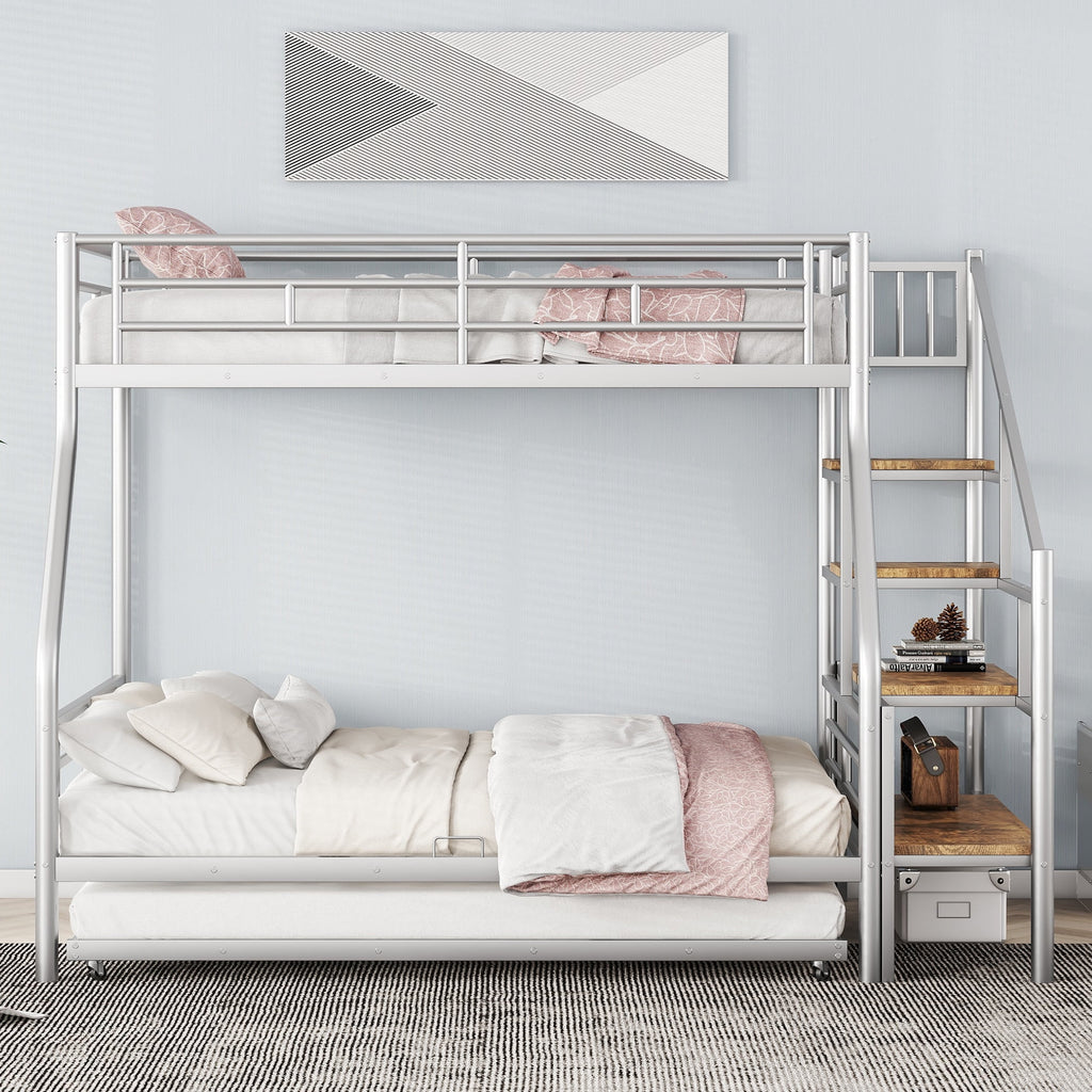 Metal Twin over Full Size Bunk Bed with Storage Staircase and Trundle C733552