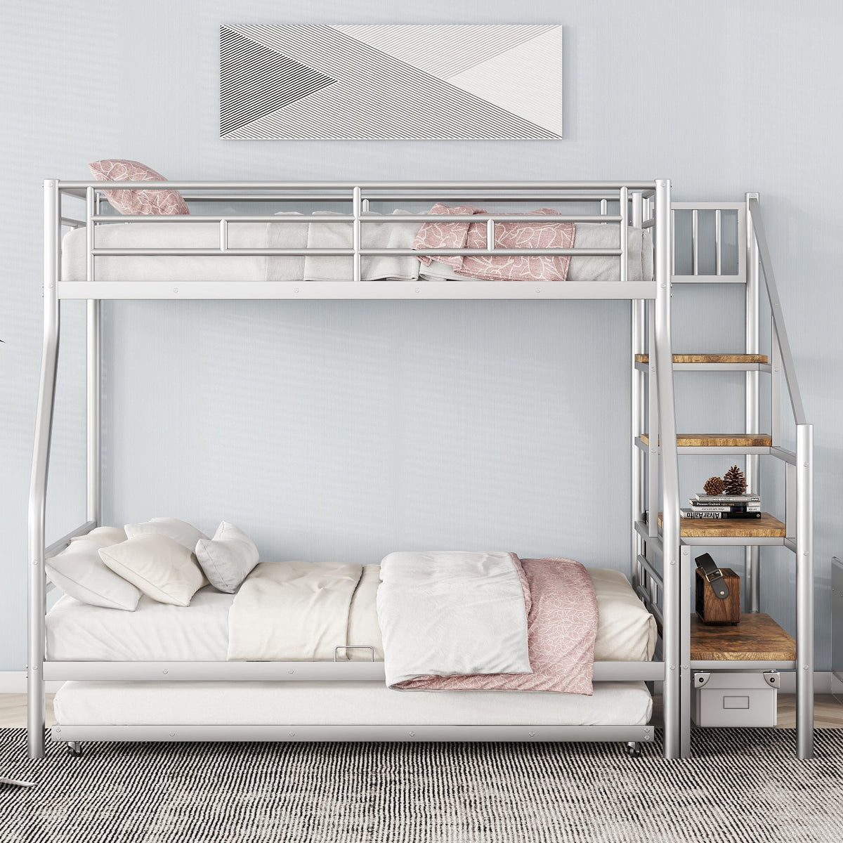 Metal Twin over Full Size Bunk Bed with Storage Staircase and Trundle C733552