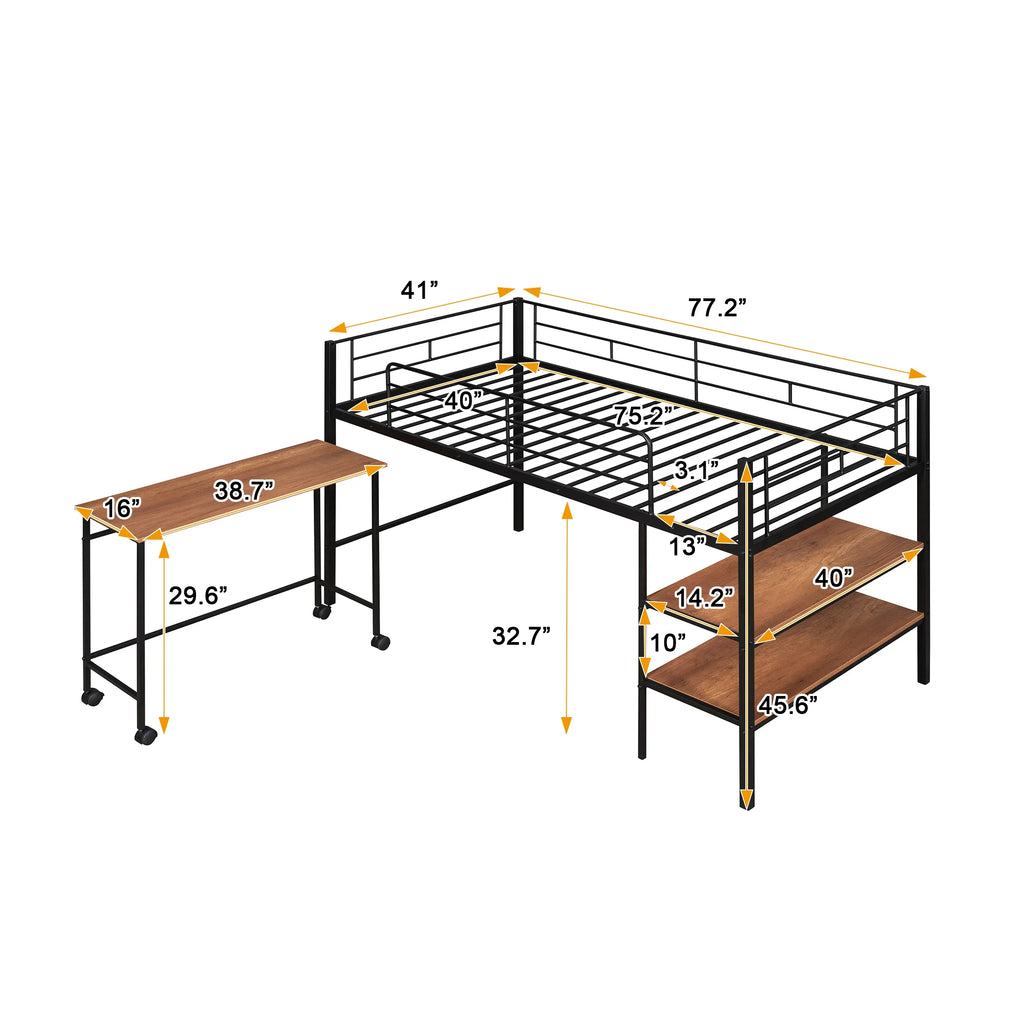 Twin Size Black Metal Loft Bed with Desk and Shelving Y2279