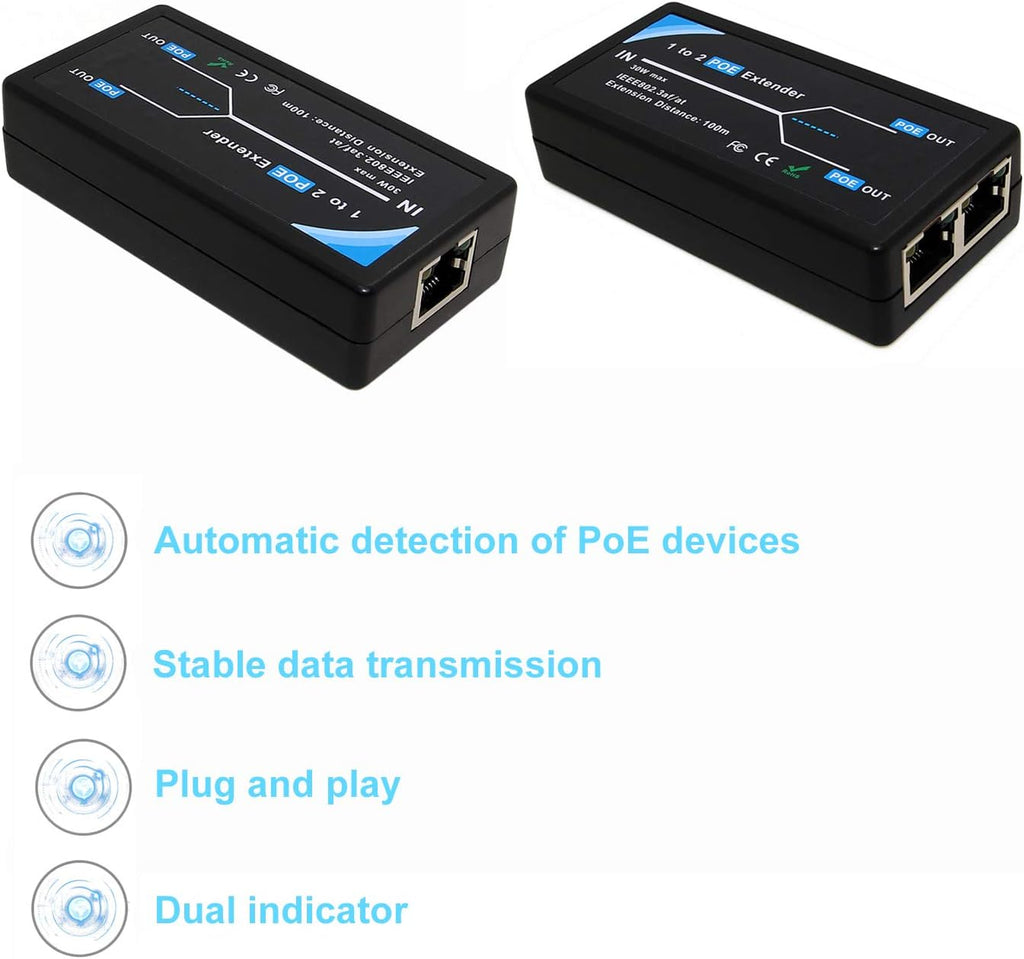 2 Port POE Extender Repeater 100 Meters 1 in 2 Out 10,100Mbps for Security POE Camera Over Cat5/Cat6 Cables B69069