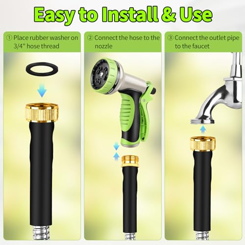 50FT Stainless Steel Heavy Duty Garden Hose with 10 Function Nozzle D49841