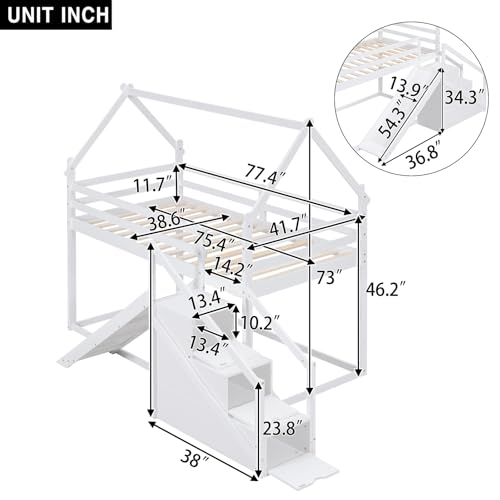 Twin Over Twin Wood House Bunk Bed with Slide and Storage Staircase Y2728