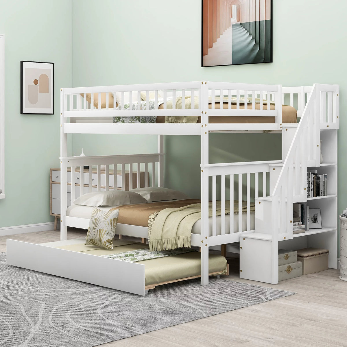 White Full over Full Bunk Bed with Trundle and Storage Shelves H4077