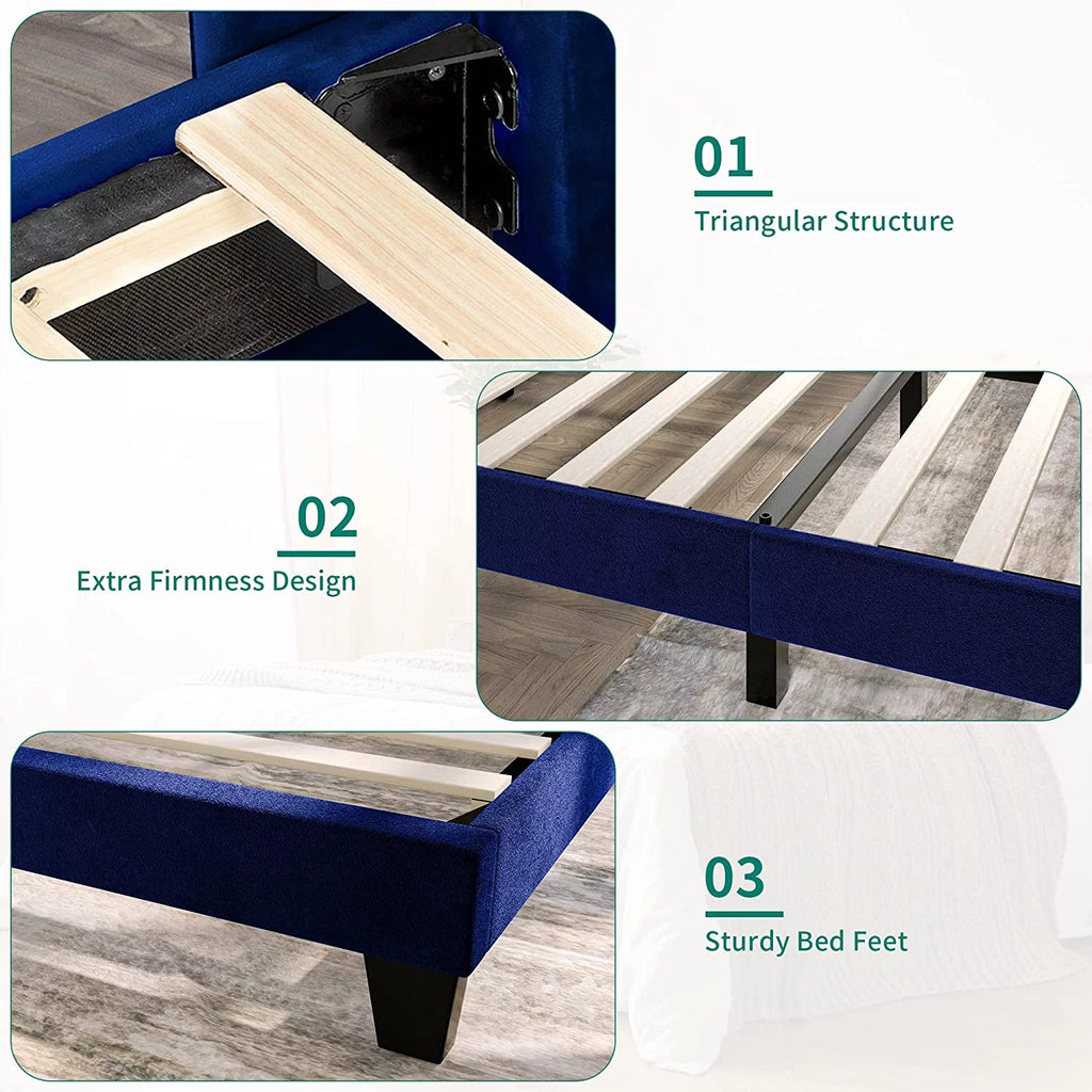 Navy Blue Velvet Upholstered Platform Bed Full F55168