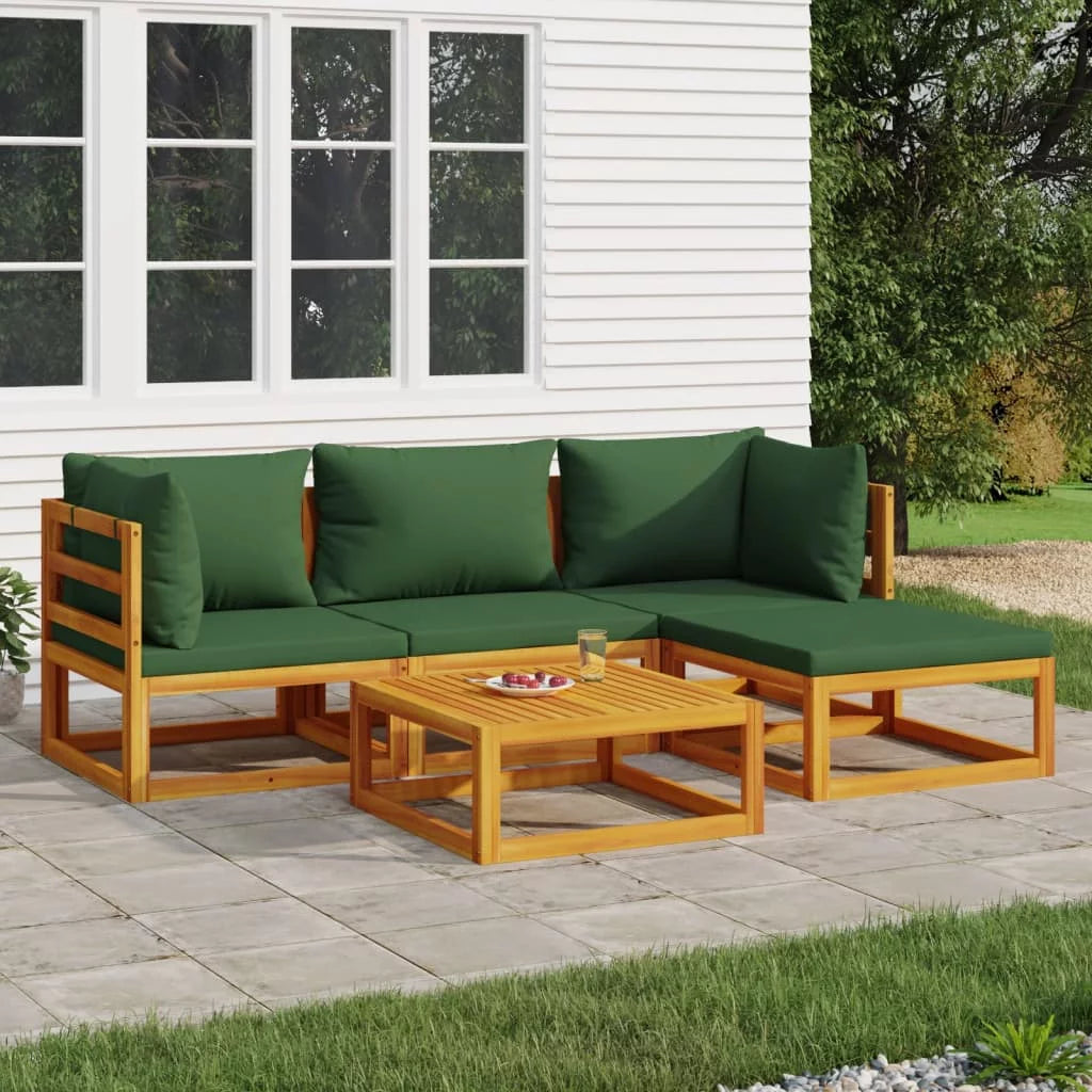 5 Piece Patio Set with Green Cushions Solid Wood D90381