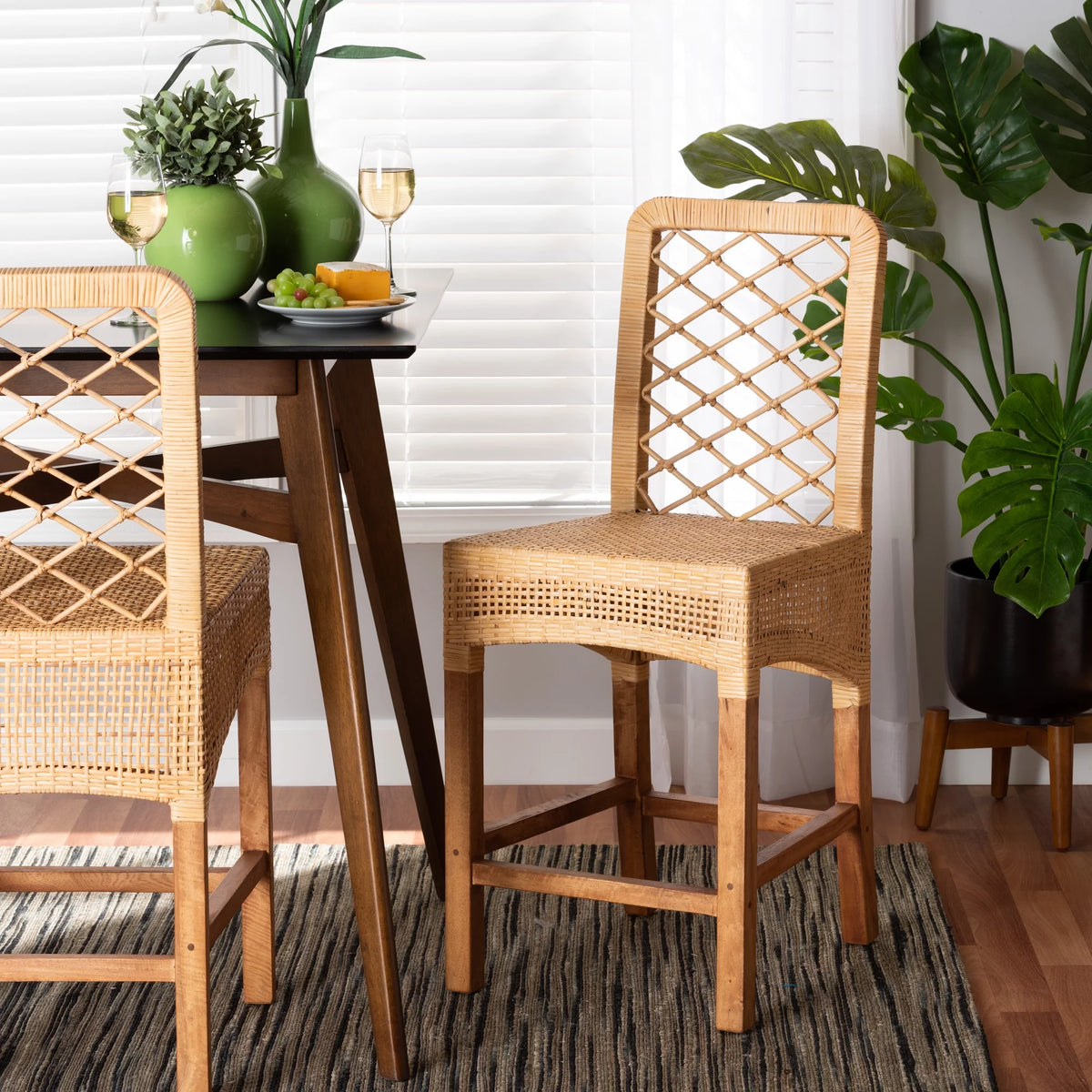Natural Rattan and Walnut Brown Wood Counter Stool B240775