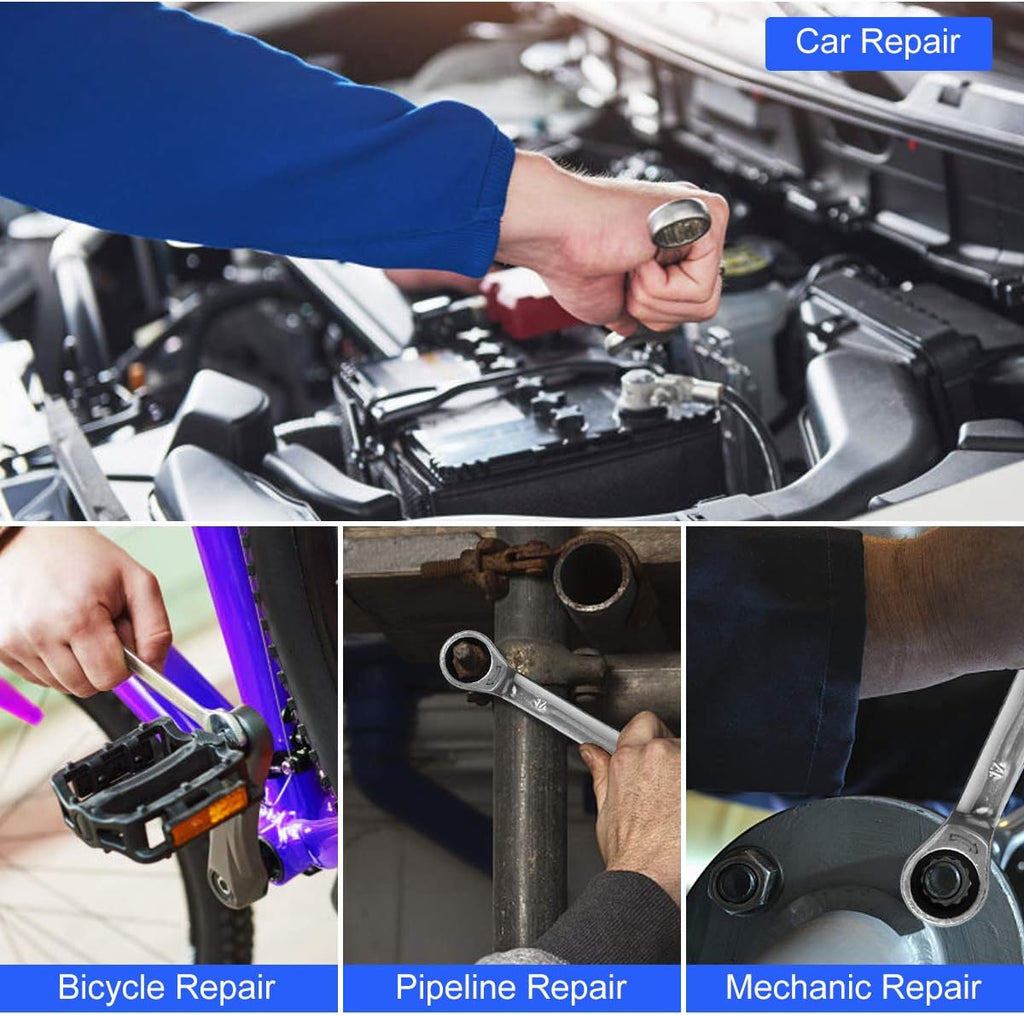 14-Piece Ratcheting Wrench Set, 6-19mm Metric Chrome Vanadium Steel Combination Ended Spanner Kit with Storage Case X6859