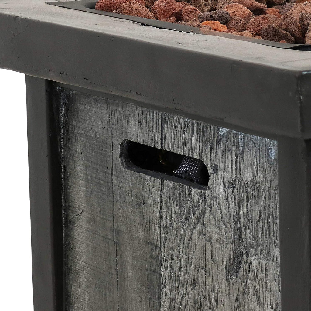 Square Outdoor Propane Gas Fire Pit Table with Weathered Wood Look, Cast Stone, 25 Inches Tall V64029