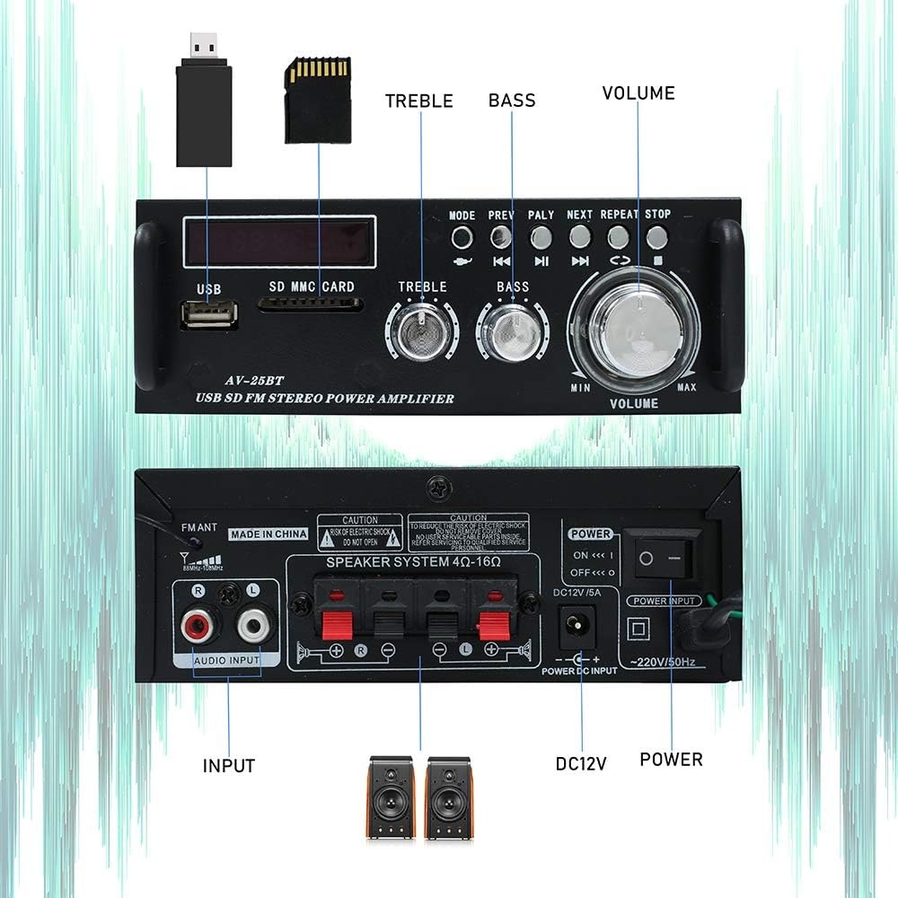 Wireless Bluetooth 5.0 Stereo Amplifier System, 200W Dual Channel Audio Receiver with Remote Control, Pack of 2 A439047