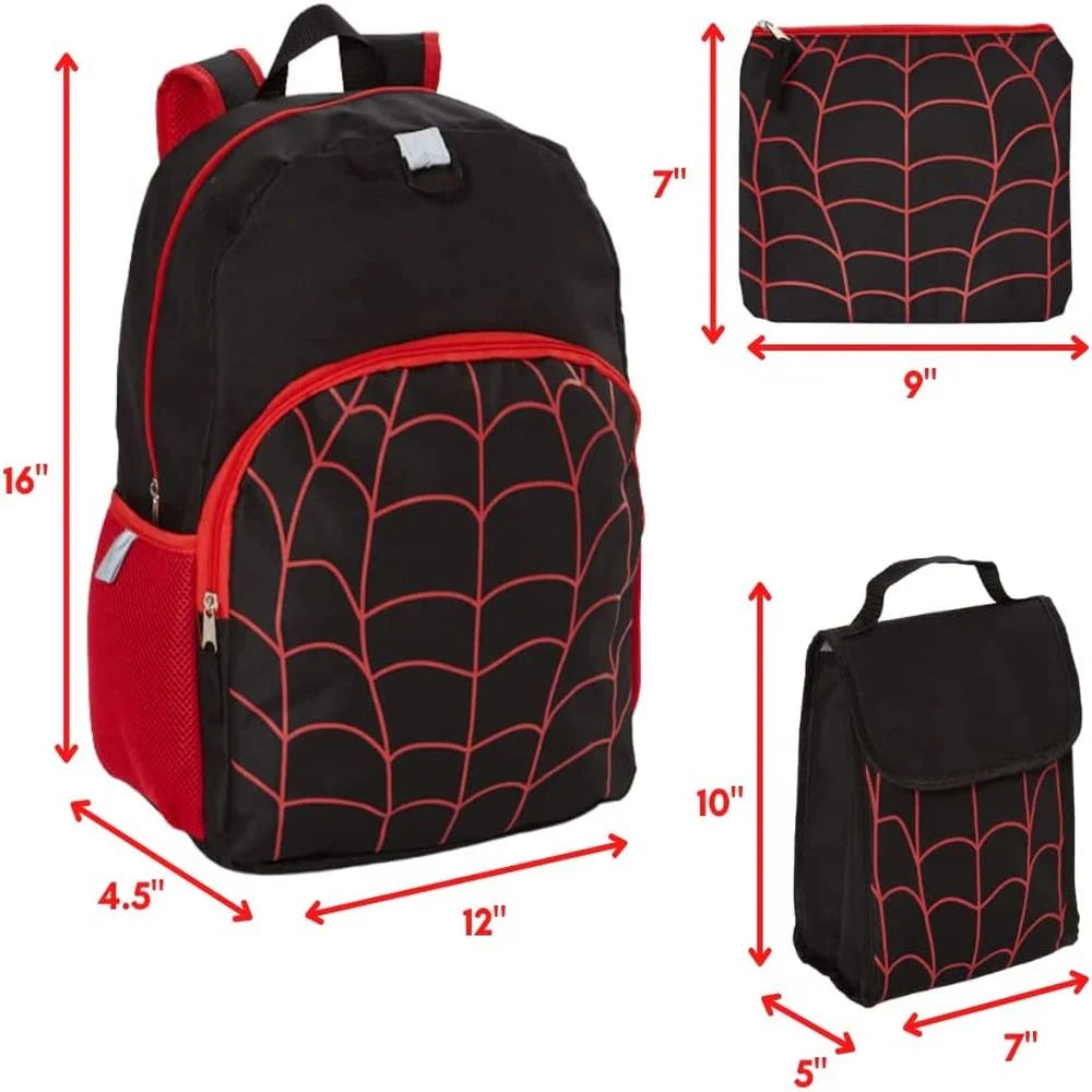 16 inch Red Black Spiderweb Backpack with Lunch Box and Water Bottle X9182