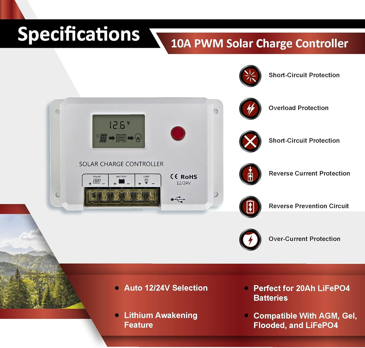 100W 12V Mono Rigid Solar Panel with 10A PWM Charge Controller G651284