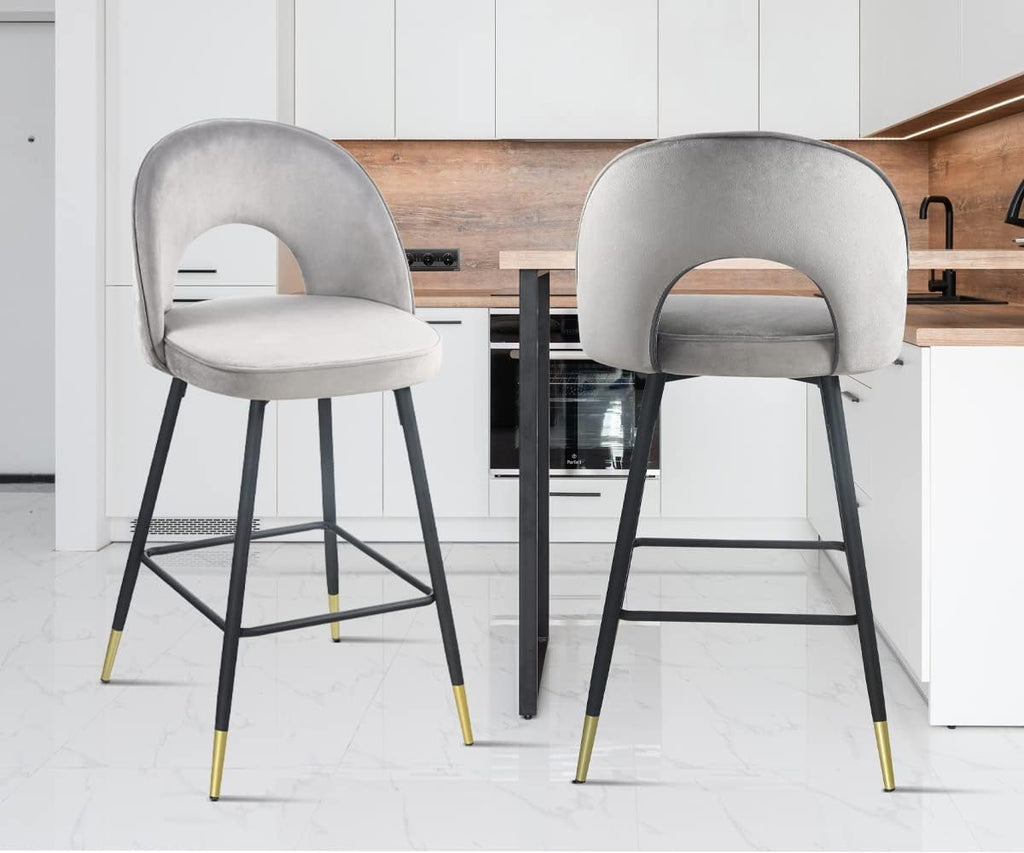 Grey Velvet Bar Stools Set of 2 with Backrest U7500
