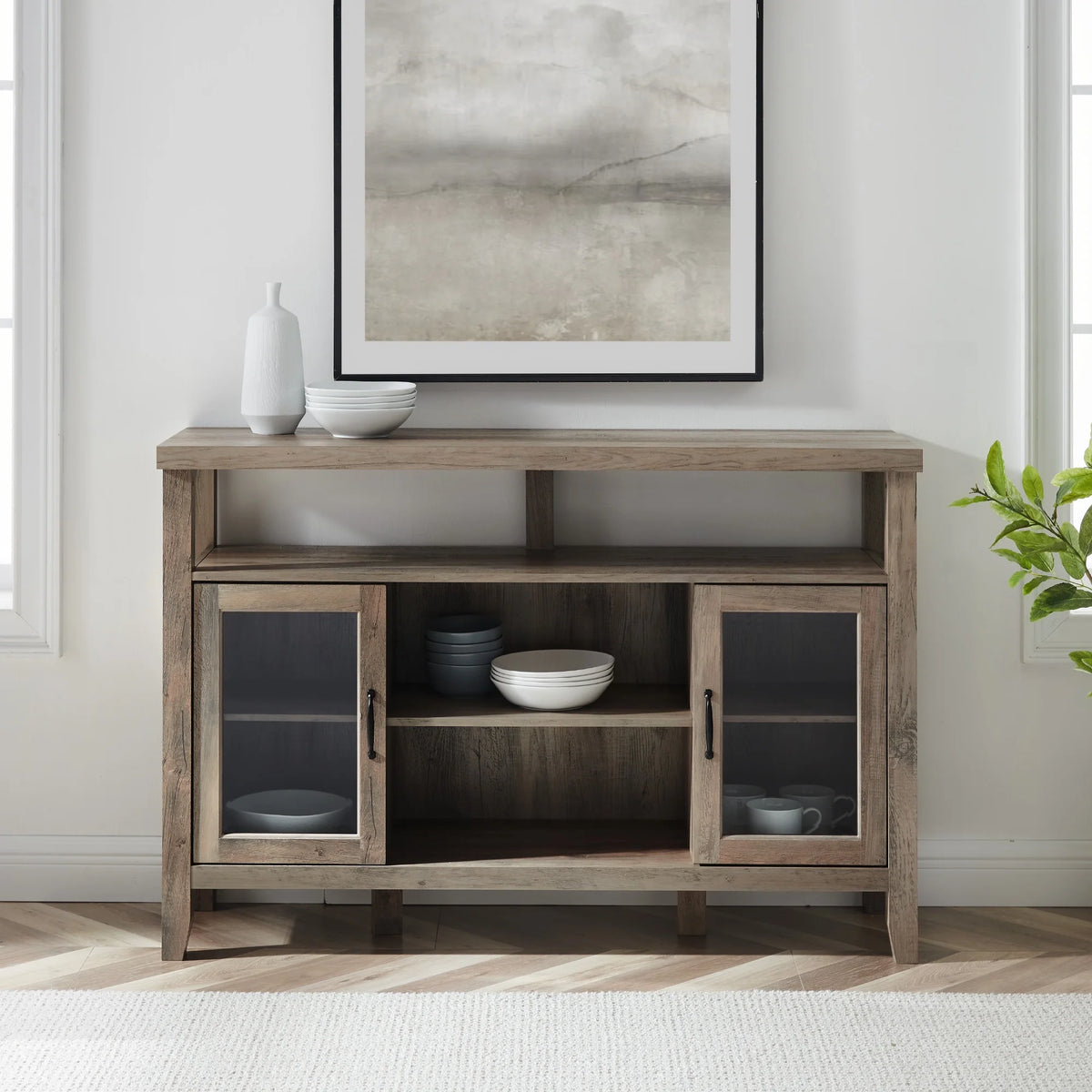 Grey Wash Glass Door Tall Buffet TV Stand J8593