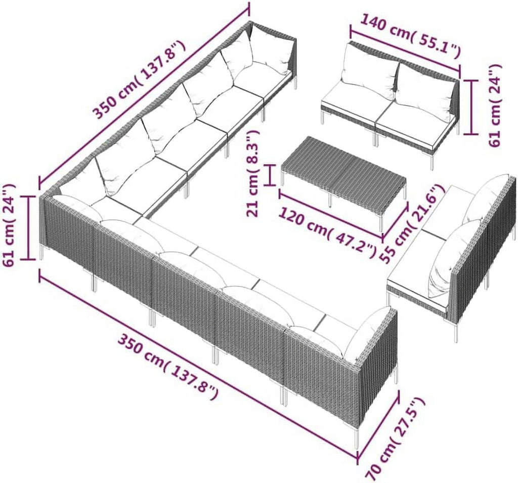 14 Piece Patio Lounge Set with Cushions Poly Rattan Dark Gray O48903