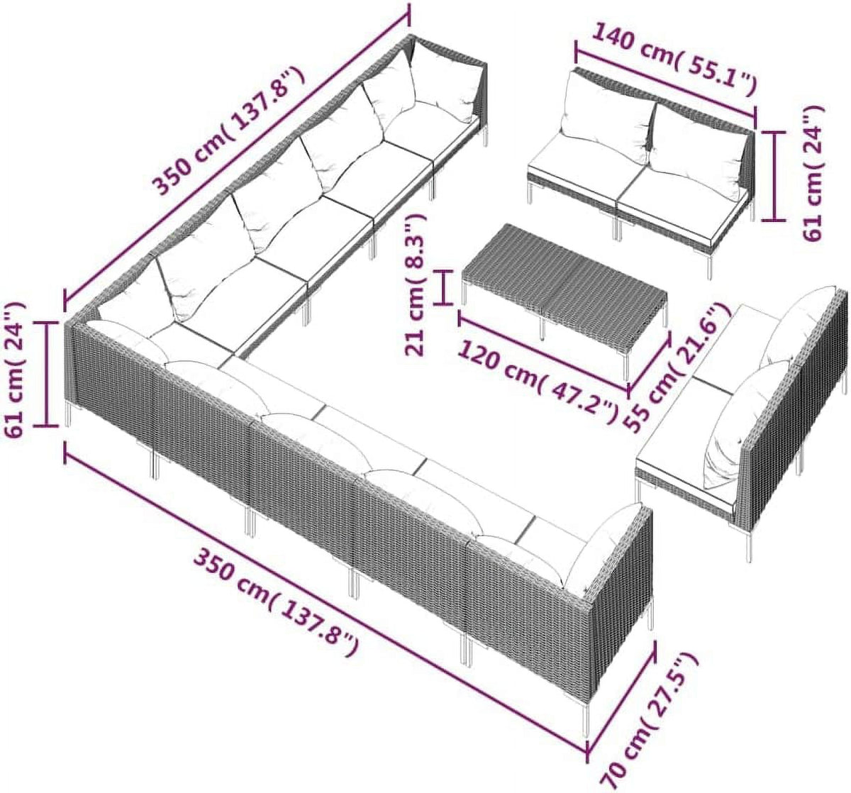 14 Piece Patio Lounge Set with Cushions Poly Rattan Dark Gray O48903