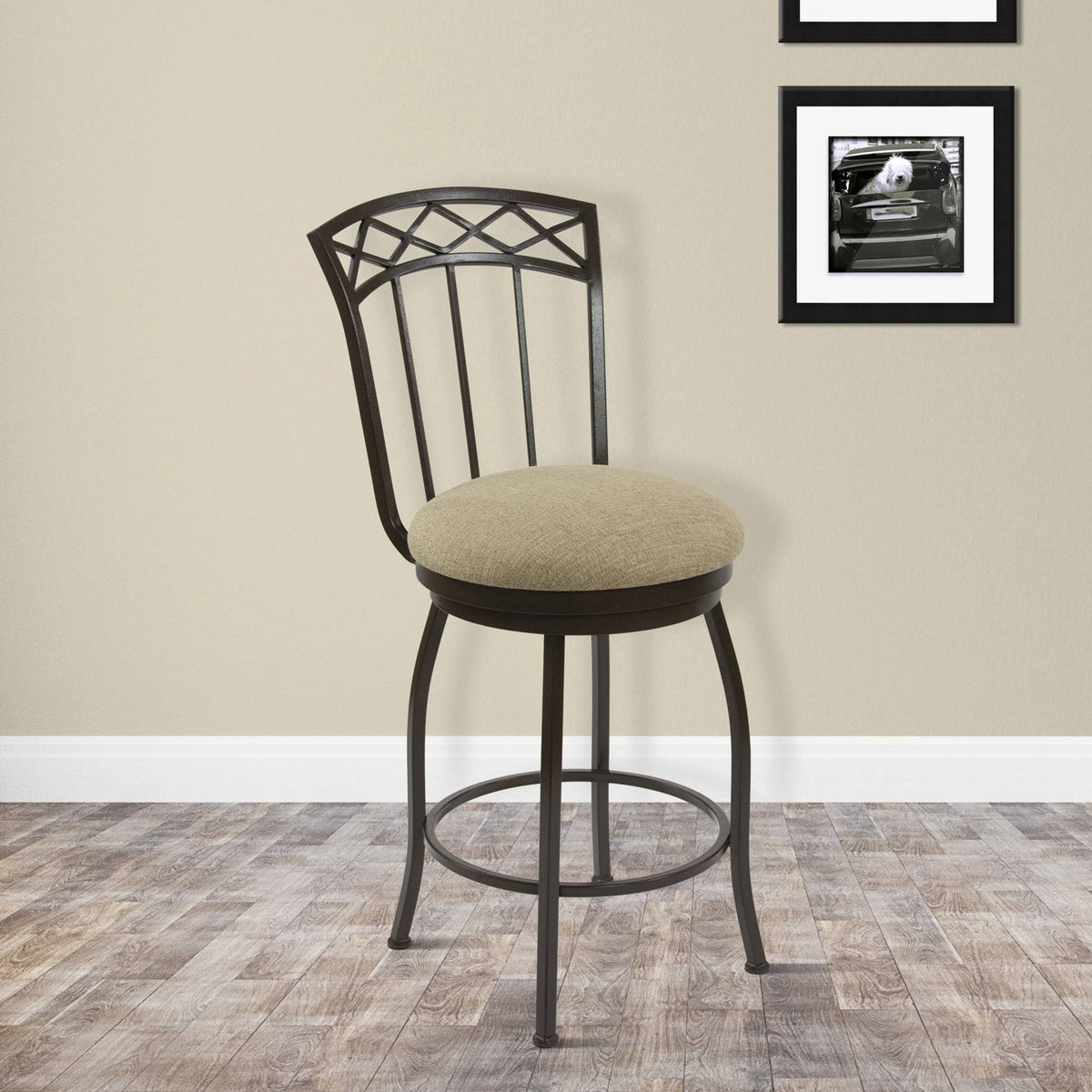 30x22 Bar Height Metal Swivel Barstool in Geneva Pepper Fabric and Matte Black Finish V6485